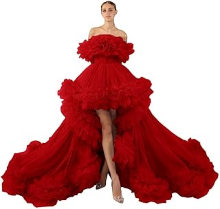 Women's Puffy Tulle Prom Dress for Women Off The Shoulder High Low Formal Party Wedding Gown
