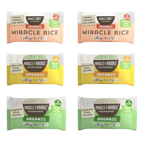 Miracle Noodle Organic Variety Pack (Pack of 6), Spaghetti, Fettuccine, Rice, Plant Based Shirataki Konjac Noodles, 5 Calories, 1g Net Carbs Per Serving, Keto, Gluten-Free