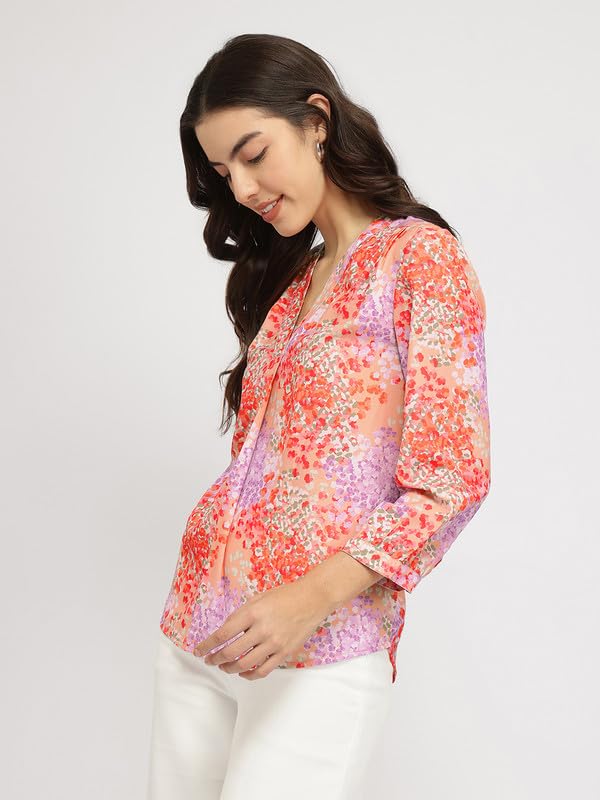 Image of FableStreet Women Formal & Casual Top | V-Neckline with Gathered Back Detail & Three-Quarter Sleeves | Premium Satin Fabric for Office Wear & Sophisticated Outings