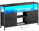 Huuger 47 Inch TV Stand Dresser with Power Outlets and LED Lights, Fabric Dresser for Bedroom with Storage, 4 Drawers Entertainment Center with Open Shelf, Media Console for 55 50 Inch TV, Black