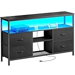 Huuger 47 Inch TV Stand Dresser with Power Outlets and LED Lights, Fabric Dresser for Bedroom with Storage, 4 Drawers Entertainment Center with Open Shelf, Media Console for 55 50 Inch TV, Black