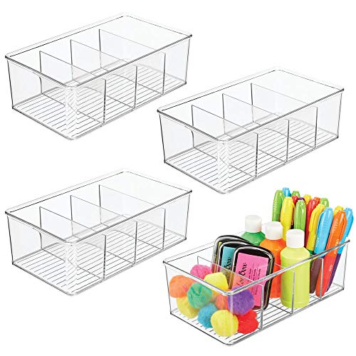 mDesign Plastic Craft & Sewing Storage Organizer Bin Box - 4 Divided Sections - Holder for Holds Paint, Colored Pencils, Glitter, Stickers, Glue, Yarn, 4 Pack - Clear
