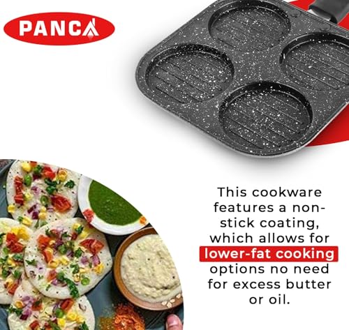 Image of PANCA Non Stick Grill Pan Mini Uttapam Tawa 4 Cavity Aluminium Pancake Maker with Handle, Sandwich Maker, Chilla Crepe Dosa Omelette Appam Momo Snack Maker Pan for Gas Stove Kitchen Cookware