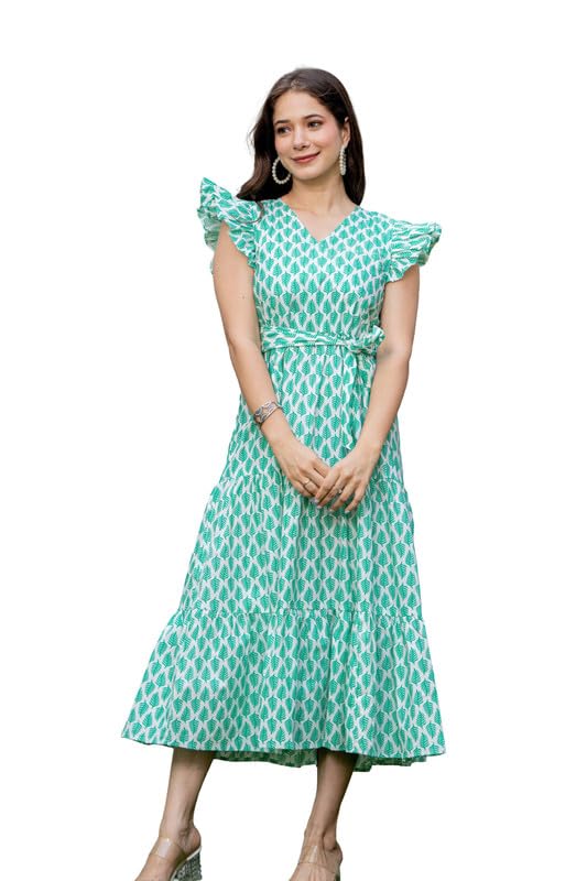 Leaf Printed Flared Calf Length Dress for Women | Women Midi Dress-image-18
