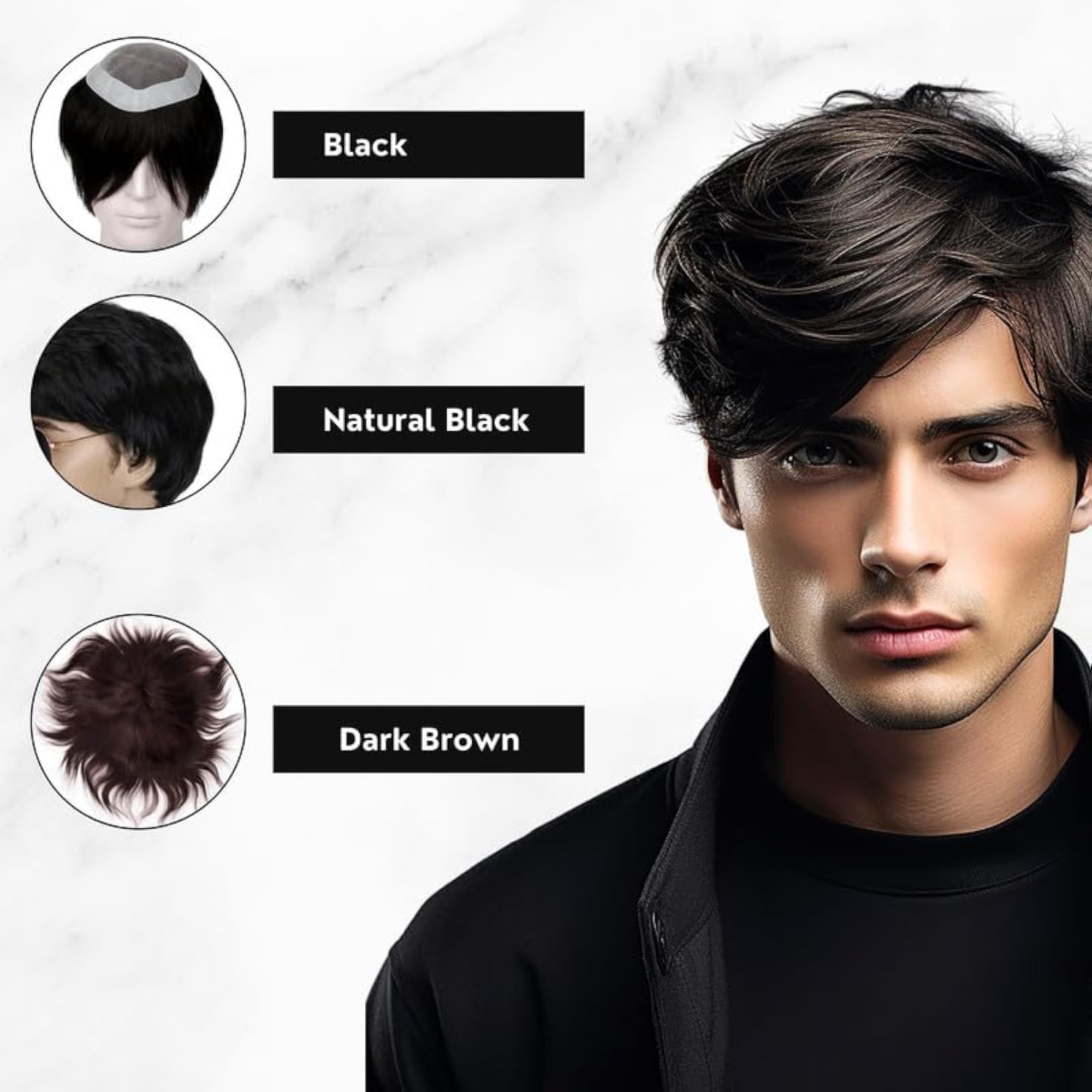Men's Soft Black Human Hair Smart Patch Wig, Easy Fit