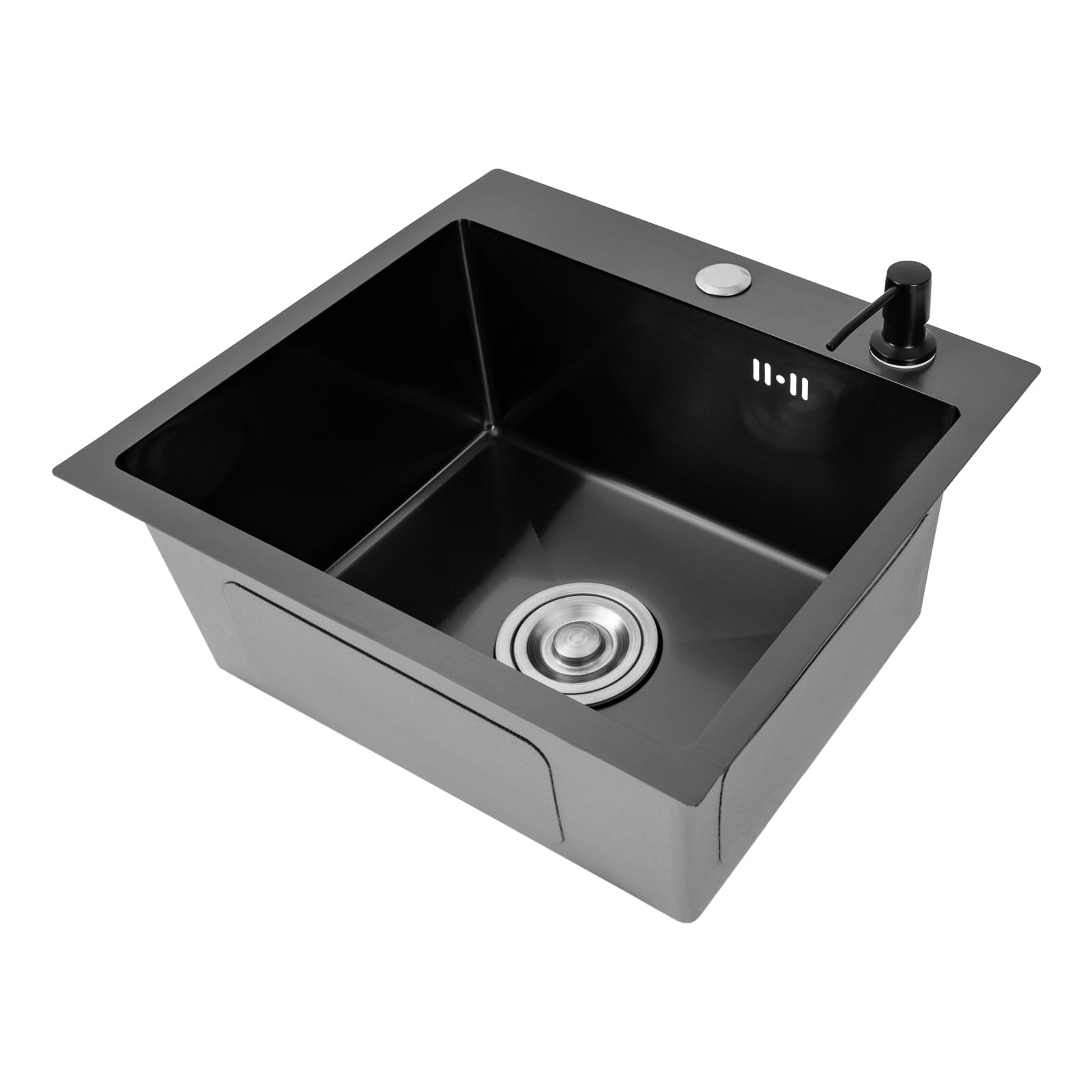 Lavello da incasso, 40 x 45 cm, in acciaio inox, rettangolare, da incasso, set completo, cucina singola, nero (lavello, dispenser di sapone e cestello di scarico)