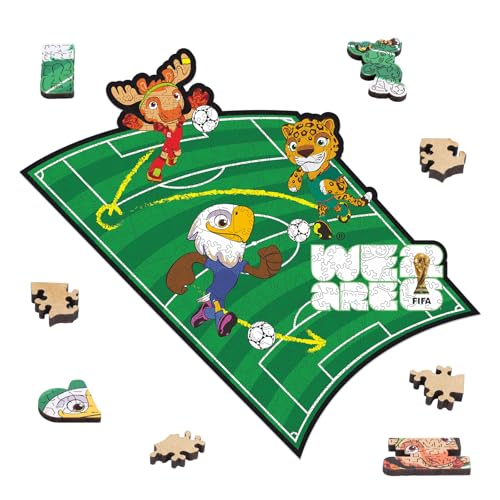 Image of FIFA World Cup 2026 Mascot Wooden Jigsaw Puzzle for Kids & Adults, USA - Canada - Mexico Mascot 200 Pieces, Unique Shape Puzzle, Officially Licensed, Sports Gift for Fans, 5MM Thick,We are 2026 | Wooden Jigsaw Puzzle