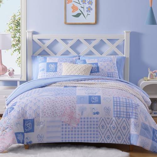 Image of Twin XL Comforter Set for Girls Blue Bow Floral 5 Pieces Bed in a Bag