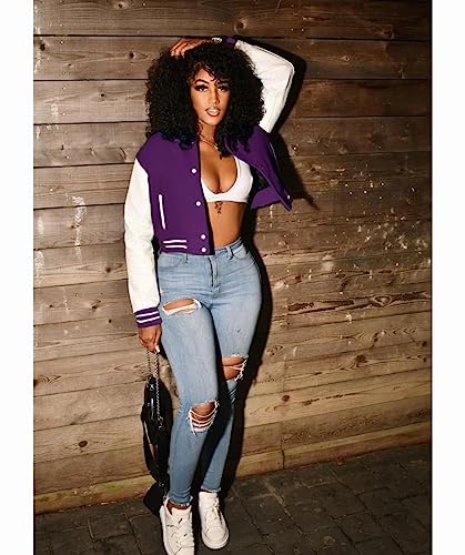 Image of Women Cropped Bomber Jacket Varsity Button Down Baseball Coat Streetwear | Long Sleeve Lightweight Casual Cropped Jacket With Pockets, Spring Autumn Outwear Y2K School Bomber Jackets for Women