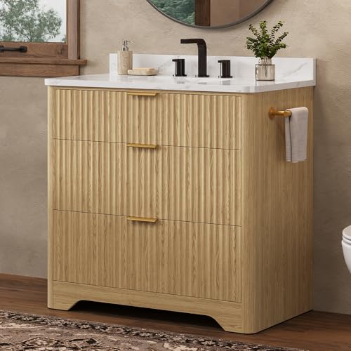 IRONCK 36 inch Bathroom Vanity with Ceramic Sink, Freestanding Wood Grain Sink Cabinet with 3 Storage Drawers (2 Standard + 1 Flip-Down), Farmhouse