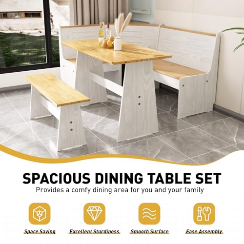 Image of Kitchen Breakfast Nook Table Set - Solid Wood Corner Bench Dining Set for 4-6 People, L Shaped Bench for Dinner Room, Space Saving Kitchen Booth Seating with Table for Small Space, Pure White