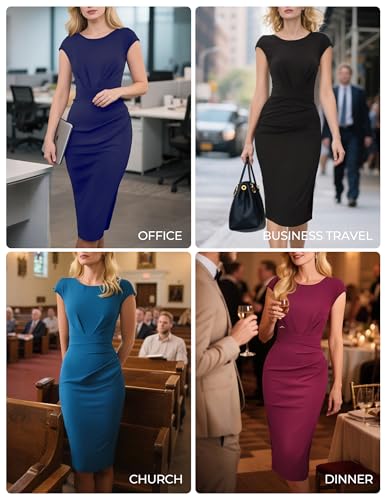 GRACE KARIN Women's Wear to Work Dresses 2025 Cap Sleeve Sheath Bodycon Midi Dress Ruched Business Office Pencil Dress2