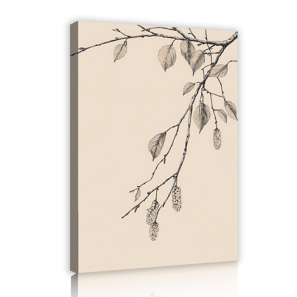 TOANGWALL Vintage Botanical Tree Branch Framed Canvas Wall Art Minimalist Beige Sketch Leaves Picture Gallery Wrapped Printed Poster for Bedroom Hallway Decor 75x115cm