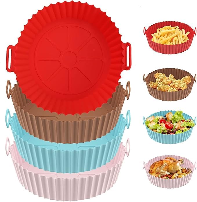 Silicone Air Fryer Liner Basket, Nonstick Reusable Heat Resistant Round Baking Tray with Handles, Pack of 4, Multicolor-image-28