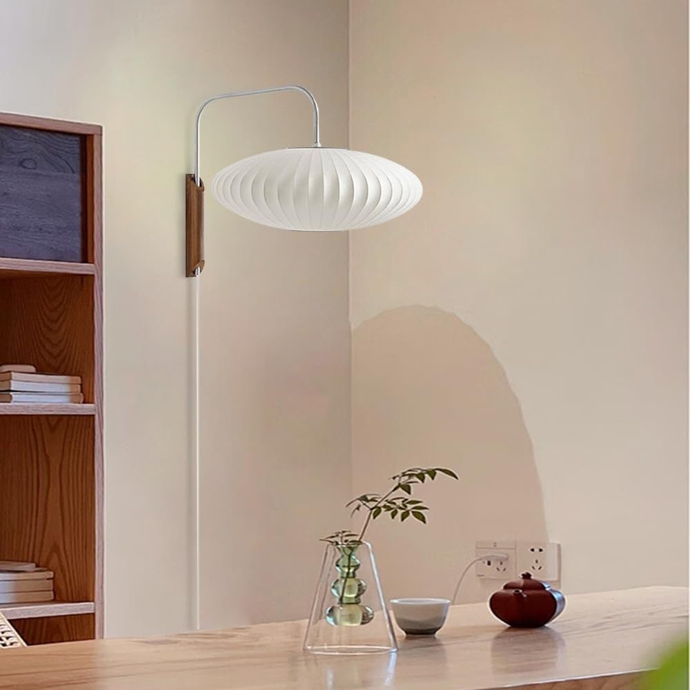 Nowoczesna lampa ścienna do wnętrz z przegubowym ramieniem z jedwabnym owalnym abażurem Styl drewniana latarnia Wabi Sbai idealna do sypialni, salonu lub jadalni opraw E27