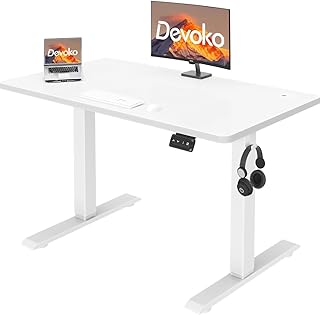 Electric Standing Desk 100x60cm Sit Stand Table Height Adjustable Desk with Backpack Hook and Memory Smart Pannel, Home OfficeTable with Splice Board, White