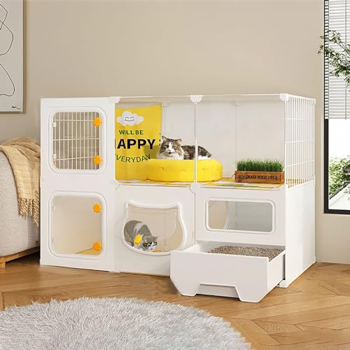 Cage intérieure avec bac litière intégrée et enclos modulaire métallique pour 1 à 3 chats