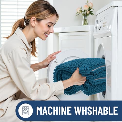 Smiry Luxury Chenille Toilet Rugs U-Shaped 20x20, Soft Absorbent Non-Slip Contour Bathroom Rugs for Toilet, Machine Washable Contoured Bath Mats, Peacock Blue