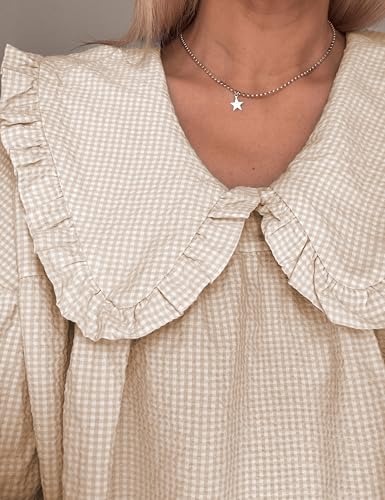 2025 Women's Babydoll 3/4 Puff Sleeve Plaid Mini Dress Lapel Doll Collar Loose Y2k Dress4