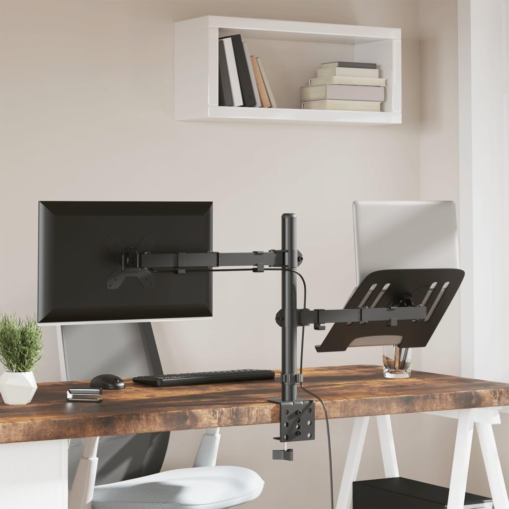 Supporto per monitor in acciaio nero VESA 75 100 mm | Orientabile e girevole, morsetto a C, passacavi, supporto per laptop, spessore del tavolo 10-88 mm