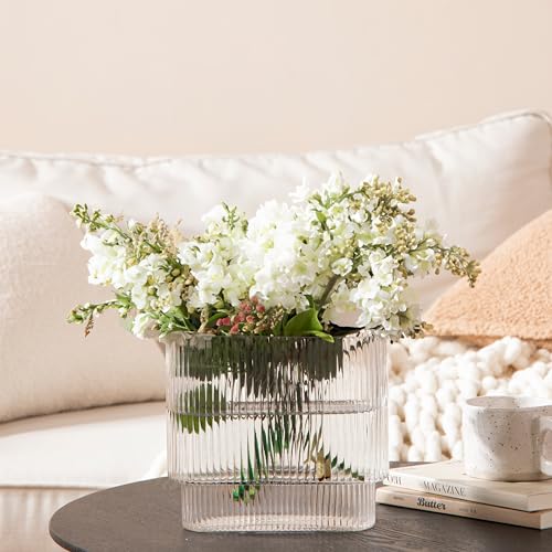 GMFINE Clear Glass Vase, Ribbed Fluted Flower Vase, Morden Glass Vases for Centerpieces, Glass Flower Vases for Living Room Dining Table Office Fireplace Shelf Entryway Wedding Home Decor, 7.2\" - Thumbnail 4