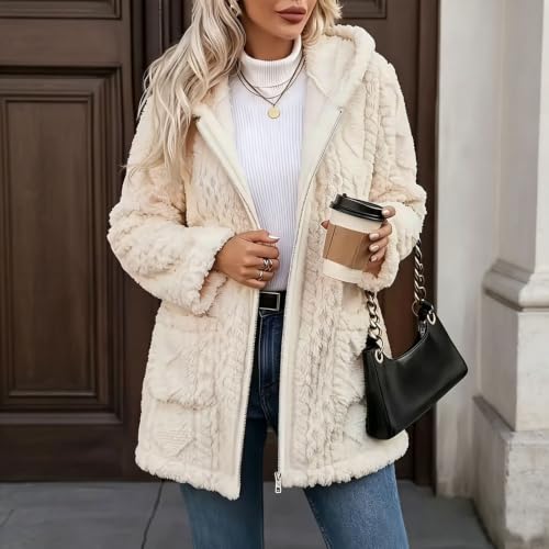 XOGWVJ Womens Fuzzy Hooded Coat Sherpa Fleece Jacket Zip Up Warm Longline Textured Casual Fall Winter Outerwear with Pockets Womens Jacket Beige S - image 5