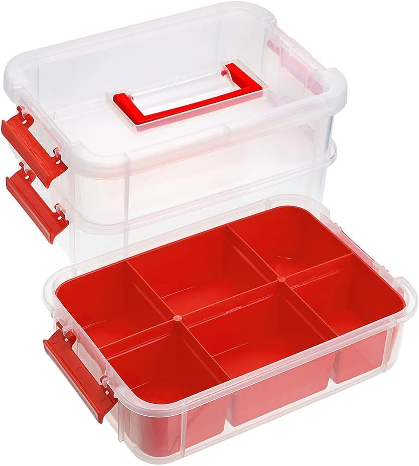 Image of plastic boxes for Storage transparent boxes for storage, Portable & Stackable Space Saving Organiser with Lid for Medicine, Jewelry, Arts & Crafts, Buttons, Beads (Red, 3 TIER WITH 1 TRAY)