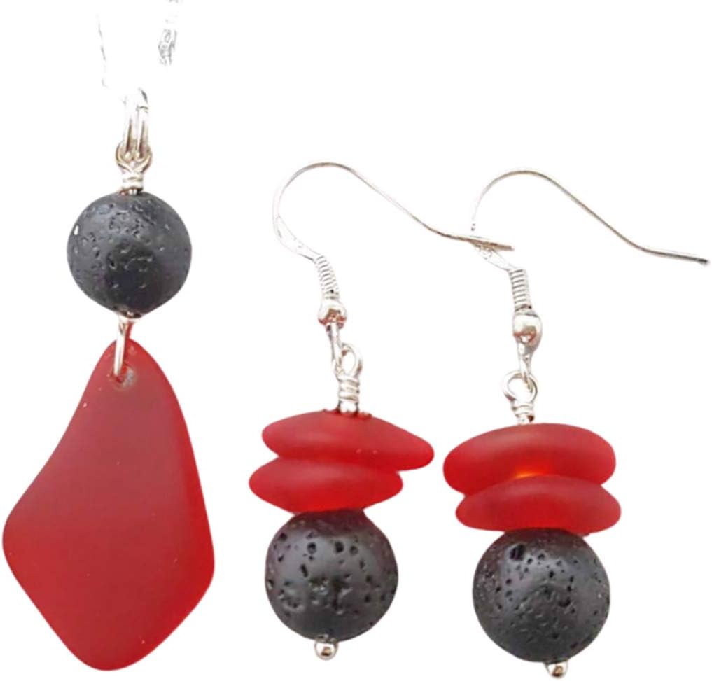 yinahawaii Hawaii Volcanic Eruption with Lava and Fire jewelry, lava stone + red sea glass Necklace + Earrings Set,January Birthstone