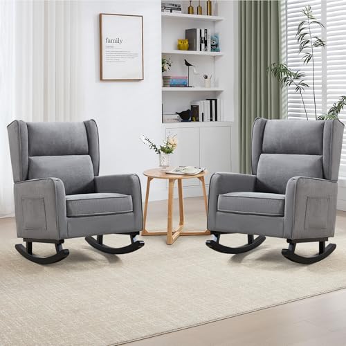 Image of HCHAIRH Nursery Rocking Chairs, Rocking Chair Nursery for Mom Rocker Nursery with High Backrest and Solid Wood Legs, Modern Wingback Accent Chair Set of 2 for Reading Living Room Bedroom, Dark Grey
