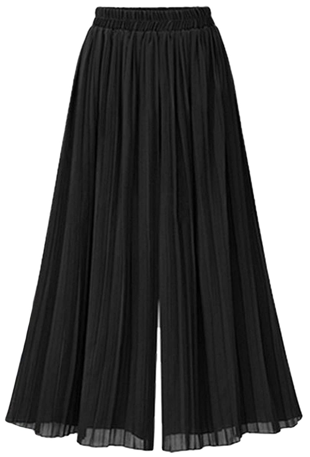 CHARTOU Womens Loose Chiffon Elastic Waist Pleated Cropped Wide Leg Pants Palazzo