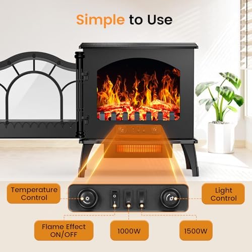 Joy Pebble Electric Fireplace Heater, 20'' Infrared Fireplace Heater 1000/1500W, 3D Realistic Flames Effect, ETL Certificated & Low Noise, Adjustable Flame Brightness, Overheating Protection - Thumbnail 2