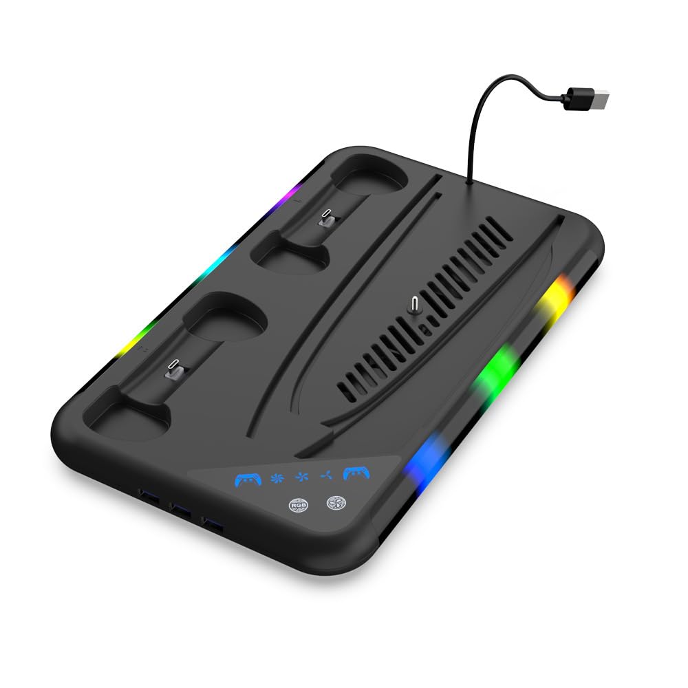 Per PS5 Slim Stand RGB Stazione di Raffreddamento con ventola di Raffreddamento doppio Controller di Ricarica per Play Station5, Per PS5 Slim Console Slim Raffreddamento Dock di Ricarica (nero)