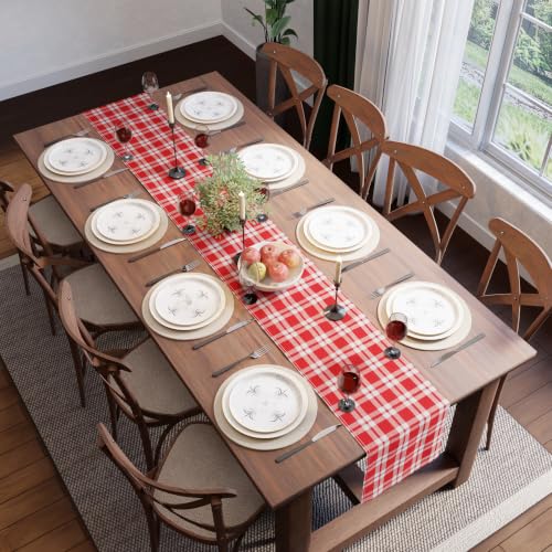 Image of Encasa XO Cotton Table Runner for 4 to 6 Seater | Size 13x72 in | Franca Red Checks - Machine Washable & Durable