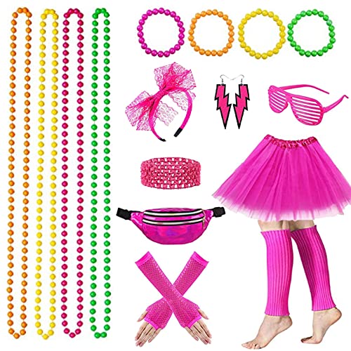 YADODO Deguisement Annee 80 Femme Accessoire Fluo,Tutu Fluo,Sac Banane,Lunette,Bandeau,Colliers,Bracelets,Jambières,Boucles D'oreilles Annees 80 90...