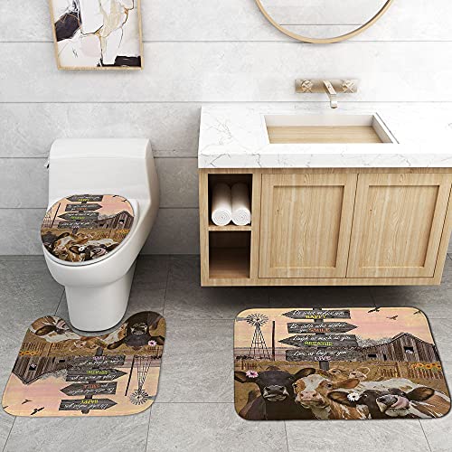 Camille&Andrew 4Pcs/Set Farm Life Shower Curtain, Funny Cow Livestock Birds Sunflower Windmill Usa Flag Quote Wooden Fence Rustic Barn Country Farmhouse Bathroom Decor, Non-Slip Bath Rugs, Arrow Signs #TOP4