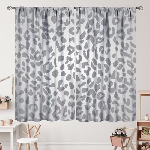 ZhiRain Cortinas con estampado de leopardo gris, diseño de guepardo de nieve, bonita cortina con bolsillo para barra para sala de estar, apartamento, decoración del hogar, cortinas de ventana, juego