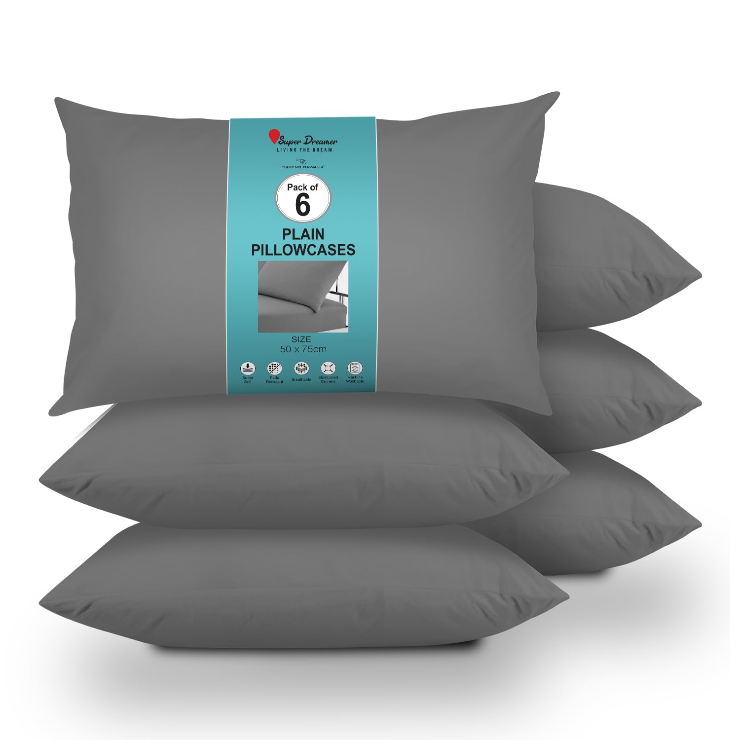 GC GAVENO CAVAILIA 6 Pairs Microfiber Pillowcases - 100% Brushed Plain Dyed Housewife Style - Hypoallergenic Pillow, Fade & Stain Resistant - Envelope Closure - Standard Size (75x50 cm) Charcoal