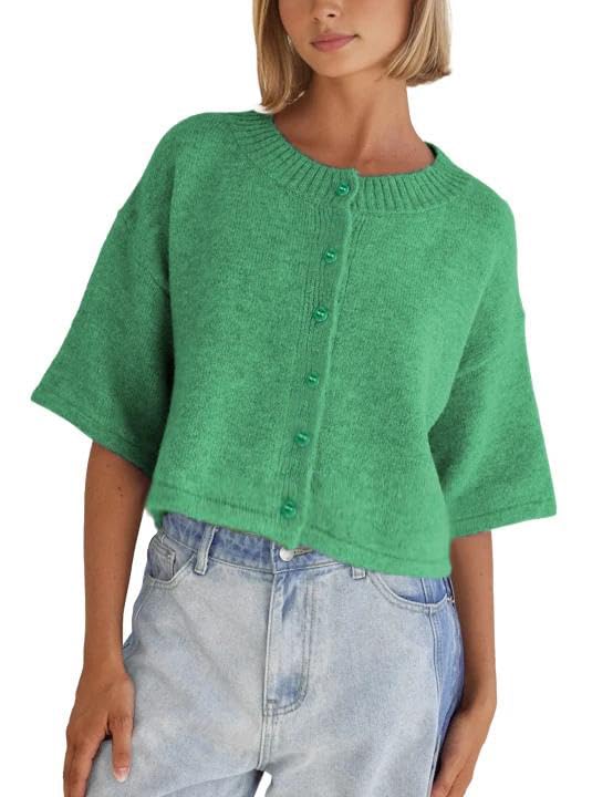 Springrain Cardigan Sweaters for Women Lightweight Knit Cropped Cardigan Button Up Solid Knitwear(Green-S)