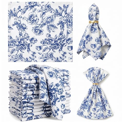 Mindsoft 12 Pack Blue Floral Cloth Napkins 18x18 Inch Reusable Linen Cotton Dinner Napkins Vintage Blue and White Table Napkin Cloth for Wedding Banquet Bridal Party Supplies by Mindsoft - Used condition - US$18.25