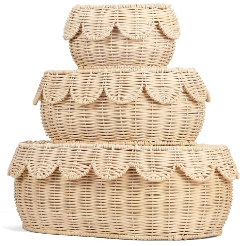 DARCKLE 3 Pcs Small Scalloped Basket, Hand Woven Rattan Basket Set Round Wicker Basket with Lid 16 x 11 x 6 In Wicker Storage Basket for Storage Nursery, Baby, Clothes, Toys Bathroom Decor (S+M+L)