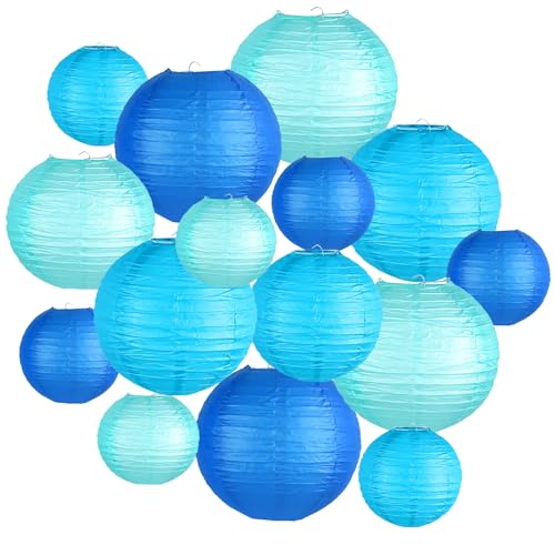 Image of 15-Pack Blue Paper Lanterns, Hanging Party Decorations | Dark-to-Light Gradient Shades in 6, 8 & 10 Inch Sizes for Boy Baby Showers, Graduations, Men's Birthdays, Ocean Themes