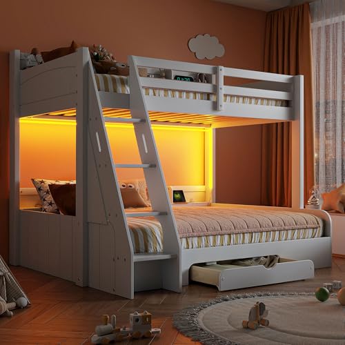Twin Over Full Bunk Bed with Storage Shelves, LED, Charging