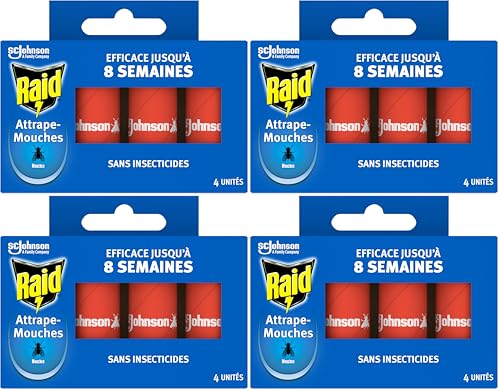 Raid Rubans Attrape-Mouches - Jusqu'à 8 Semaines d'Efficacité - sans Insecticides - 4 Rubans (Lot de 4)