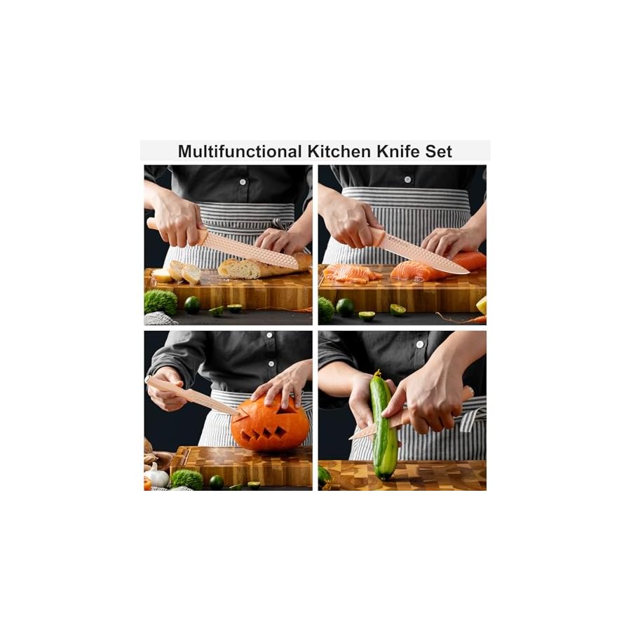 Knife Set, Mealia 6-Piece Kitchen Knife Set for Chef, Professional Non-stick Sharp Stainless Steel Knives with Universal Knife Block, Ergonomical Design, Dishwasher Safe, Pink Black