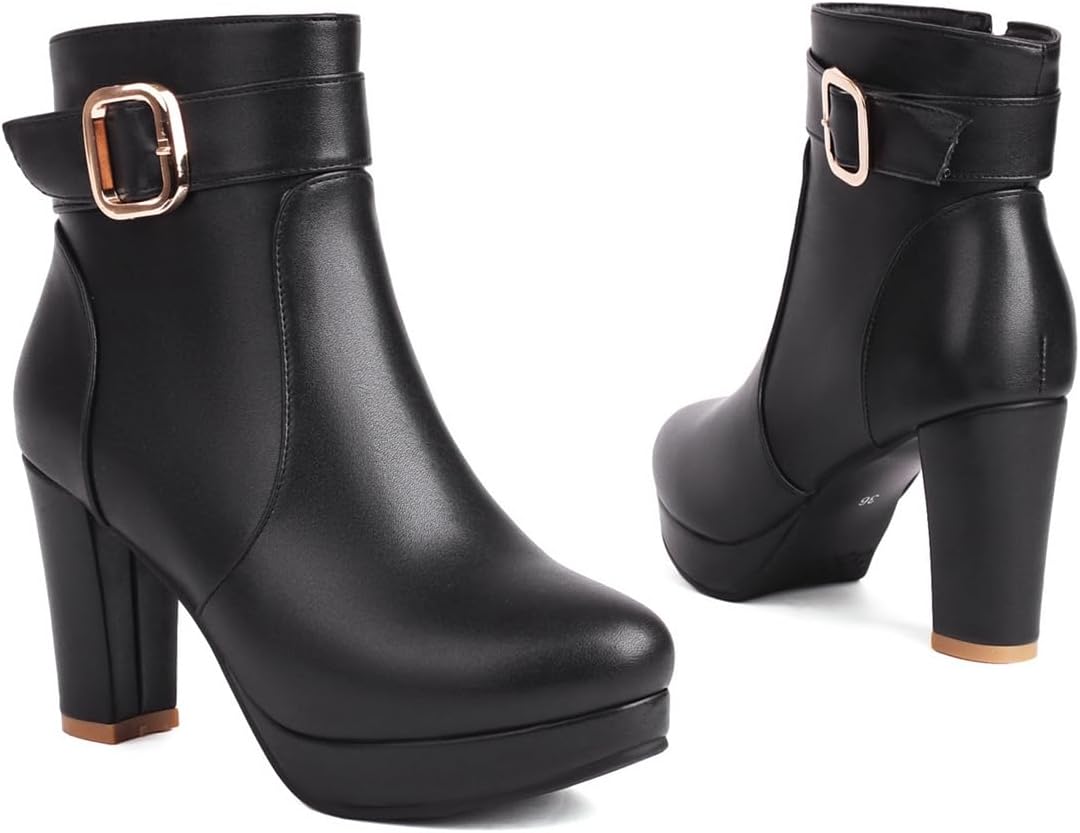 Women's Chunky Platform High Heel Ankle Boots Zipper Round Toe Buckle Winter Fall Dressy Short Booties