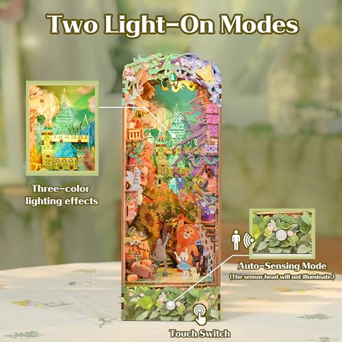 Image of Tonecheer DIY Book Nook Kit, Dorothy's Journey 3D Puzzle Wooden Fairy Tales Miniature House Kit for Adults, Booknook Set Dollhouse Bookshelf Decor Bookend with Dust Cover and LEDs Ideal Gifts