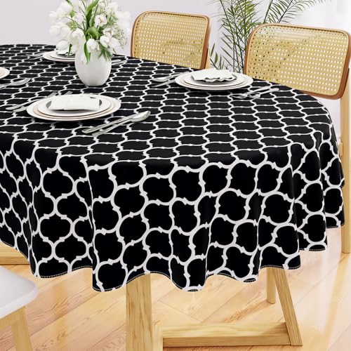 Image of Smiry Oval Table Cloth, Flannel Backed Vinyl Tablecloth, 60 inchx84 inch | Waterproof Plastic Tablecloths, Wipeable Table Cover for Dining, Indoor and Outdoor (Black)