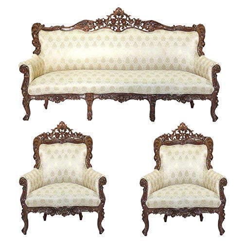 Image of Royal Carved Wooden Sofa Set | 3+1+1 Seater | Antique with Button Tufted Velvet Upholstery | Victorian Style Living Room Furniture Tufted Sofa Set Grey 3-Piece (Design 11)