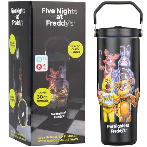 Get Trend Five Nights at Freddys 30oz Tumbler with Handle and Straw Stainless Steel Insulated Water Bottle BPA-Free Leak-Proof Cold for 12h Hot 5h Gifts for Men Teens (Black FNAF)
