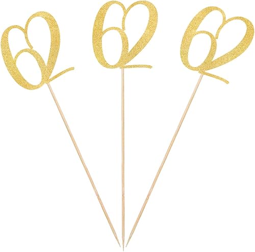 Miniatura 1 de Palitos de centro de mesa de cumpleaños 62 con purpurina dorada, paquete de 12 decoraciones de fiesta de aniversario número 62